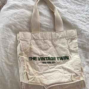 VINTAGE TWIN NYC Cream Tote Bag W/ Green embroidery